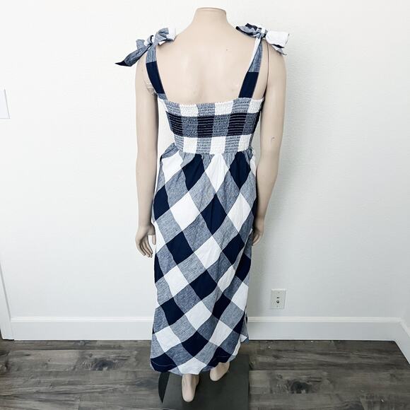 [Crown & Ivy] Navy Blue White Plaid Linen Midi Dress Tie Straps NWT Size Large L - Picture 3 of 11